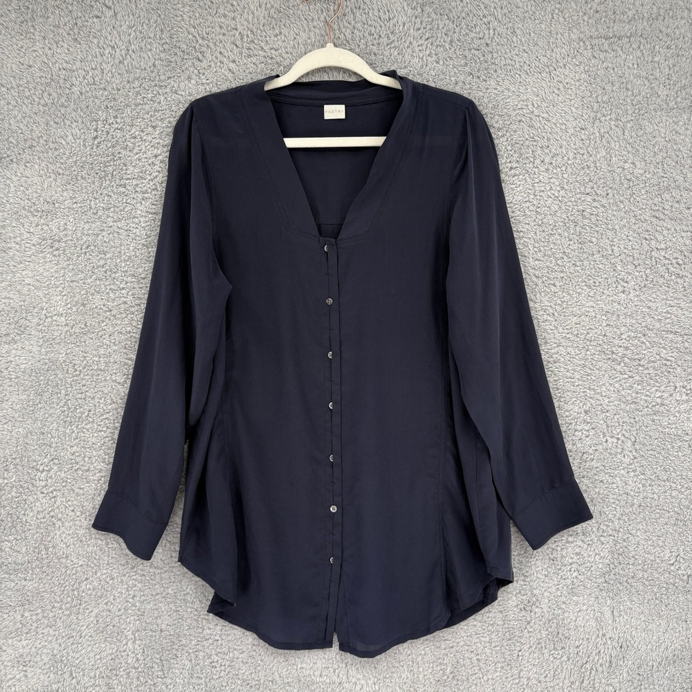 Poetry 100% Silk Button Down Tunic Blouse Navy Blue V-Neck Size 12 Long Sleeve